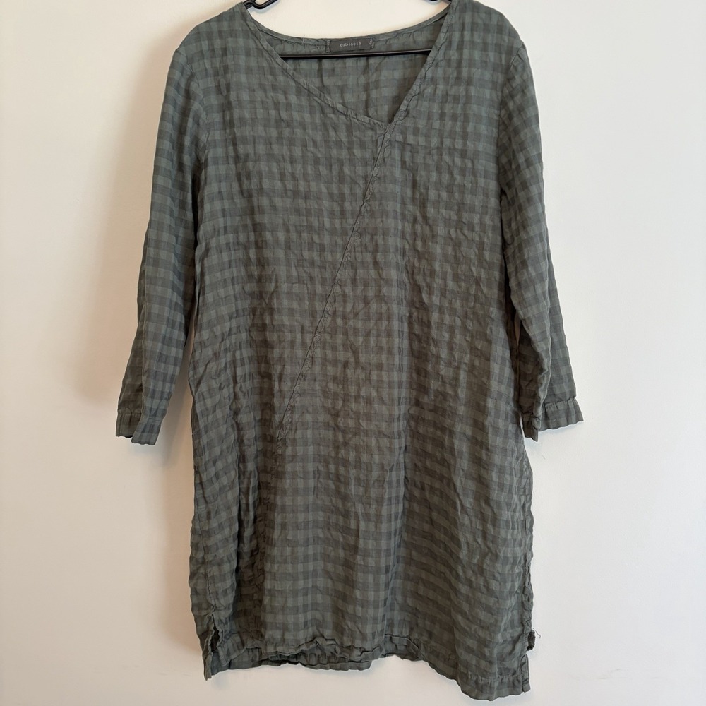 Cut Loose XL Green Linen Blend Asymmetric Neck Tunic Top Lagenlook Beachy Artsy
